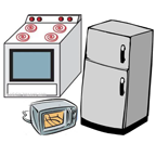 Illustration of a stove, fridge and microwave